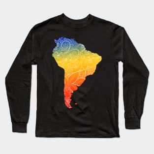 Colorful mandala art map of South America with text in blue, yellow, and red Long Sleeve T-Shirt